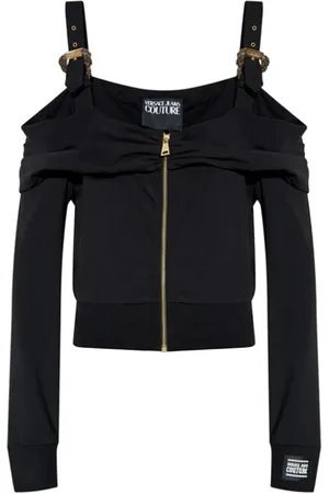 VERSACE Sweatshirts & Hoodies, Dam, XS, Bomull, Svart Logo Spänne Sweatshirt med Dragkedja