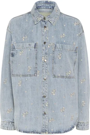Kaffe Blusar & Skjortor , Dam, 2Xl, Denim, Denimjacka med blomsterbroderi