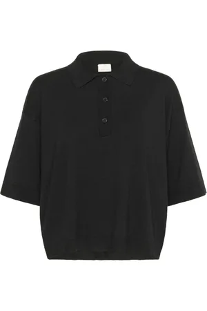 Kaffe Stickade tröjor & koftor, Dam, 2Xl, Nylon, Svart Djup Polo Stickad Tröja