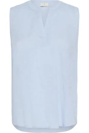 Kaffe Topp, Dam, M, Bomull, Ärmlös Chambray Blus med Broderade Detaljer