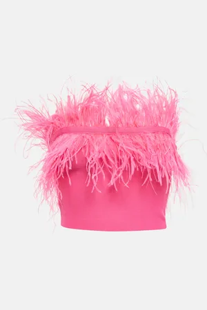 Staud Nellie feather-trimmed knit crop top