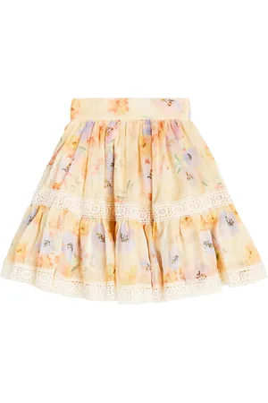 Petite Amalie Floral ruffled silk and linen skirt