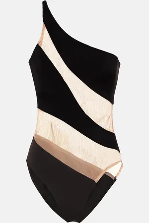 Norma Kamali Snake paneled mesh one-shoulder swimsuit