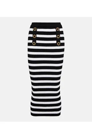 Balmain Embellished striped knit midi skirt