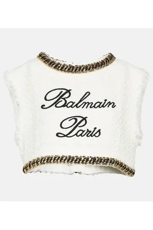 Balmain Logo chain-detail tweed crop top