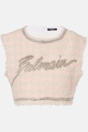 Balmain Logo embellished bouclÃ© crop top