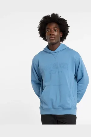 New Balance Män Embossed Varsity Hoodie i Blue Bomull Fleece, Storlek 2XL