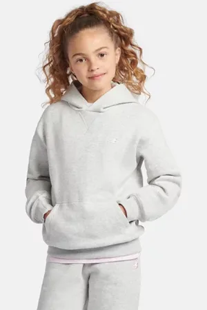 New Balance Flickor Brush Back Small Logo Hoodie i Grey Bomull Fleece, Storlek 10-11 år