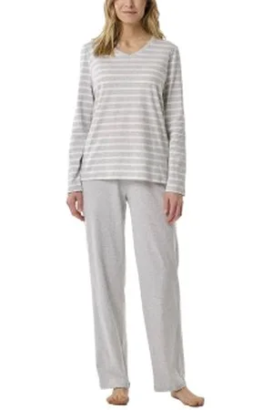Schiesser Women Straight Leg Long Pyjama Vit/Grå bomull 40 Dam
