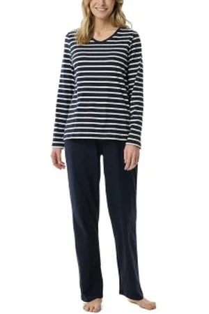 Schiesser Women Straight Leg Long Pyjama Blå/Vit bomull 44 Dam