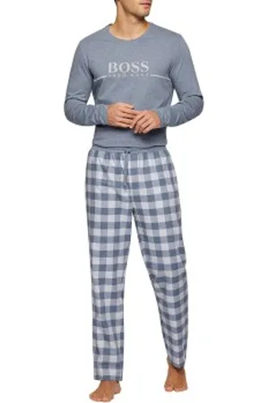 HUGO BOSS Cosy Cotton Long Pyjama Grå/Blå bomull Large Herr